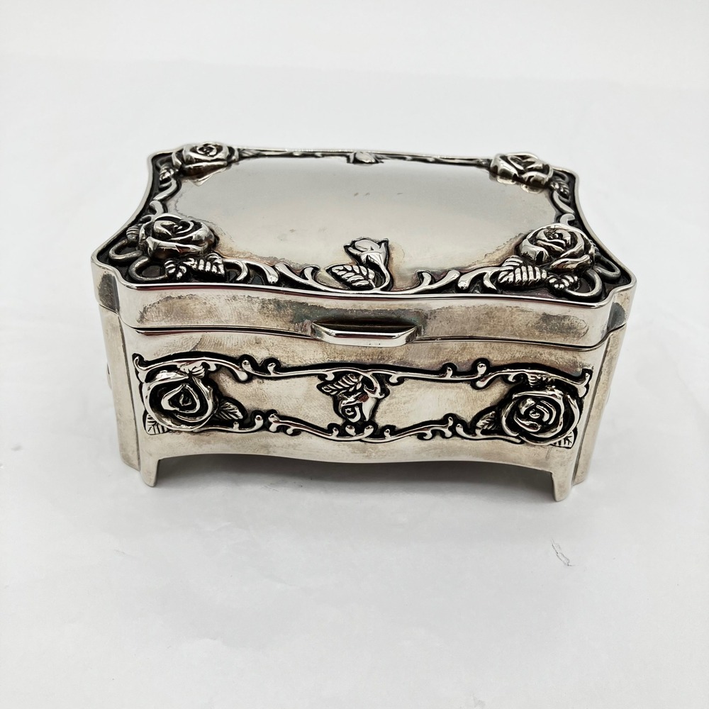 Jewelry Box Vintage Style Silver Tone Rose Floral Relief Footed Small